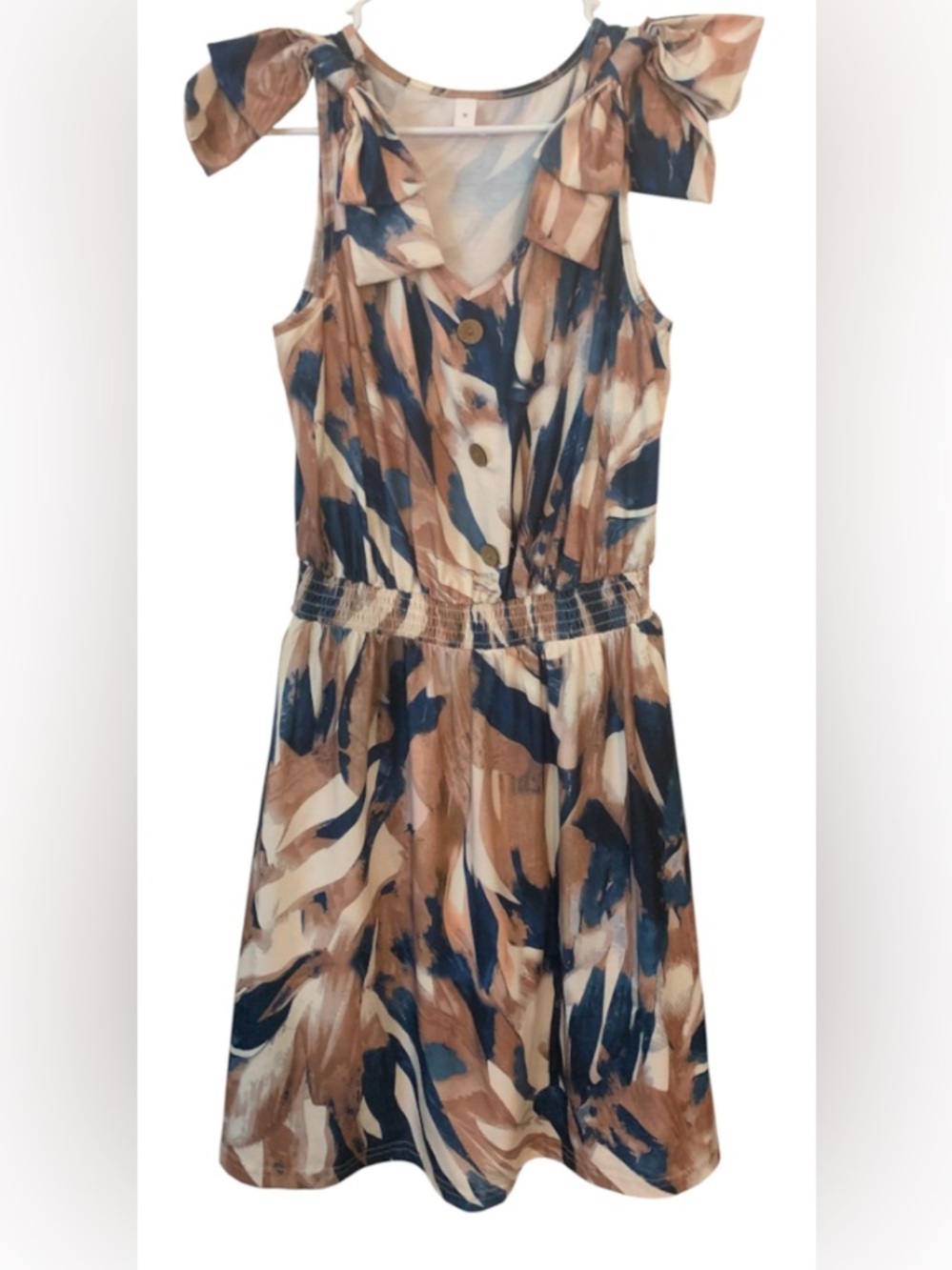 Sleeveless Brown & Navy Print Mini Dress with Tie Straps